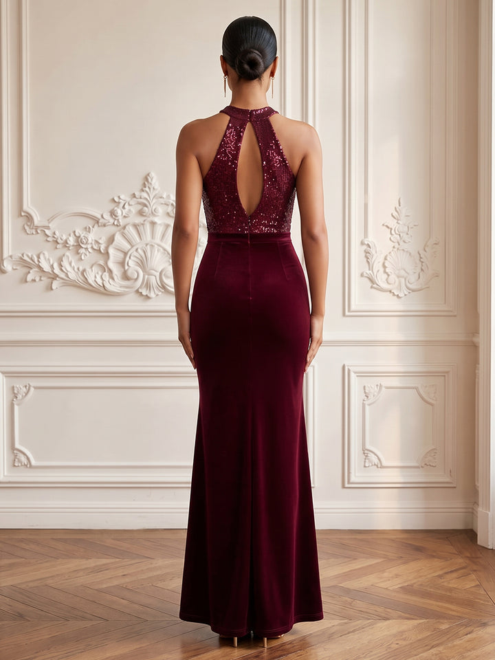 Velvet Sequin Mermaid Halter Floor Length Formal Dresses Sleeveless Cut Out Evening Dresses