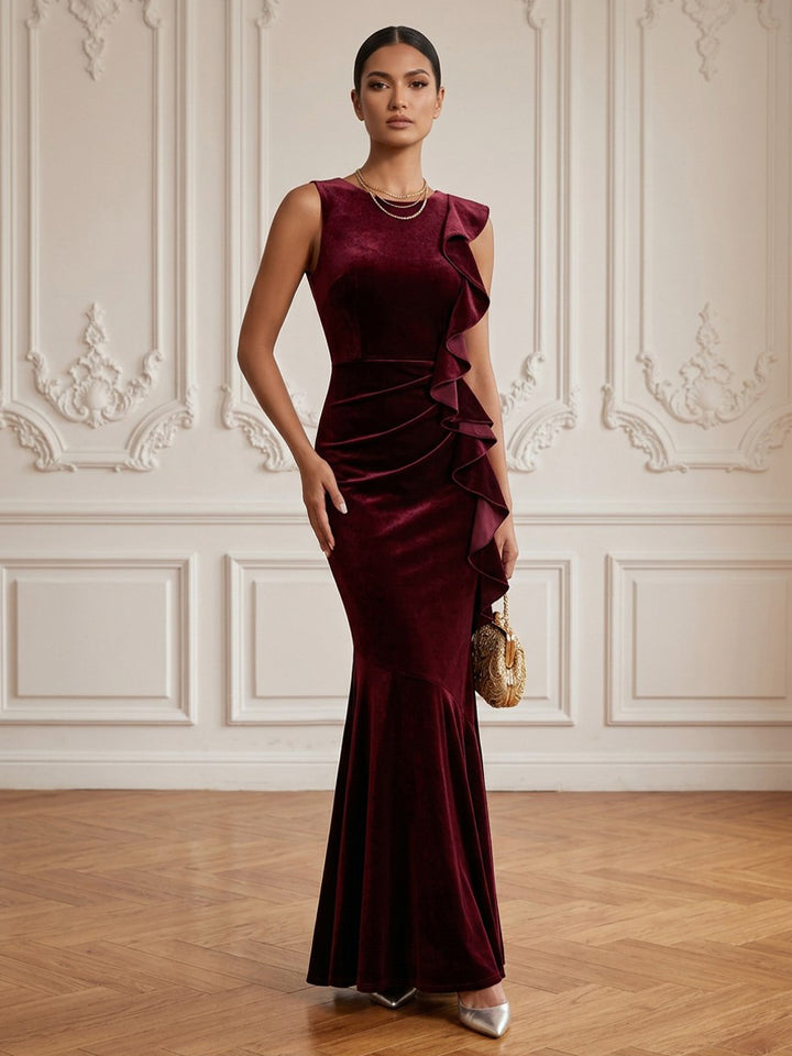 Velvet Mermaid Boat Neck Floor Length Formal Dresses Sleeveless Ruched Evening Dresses
