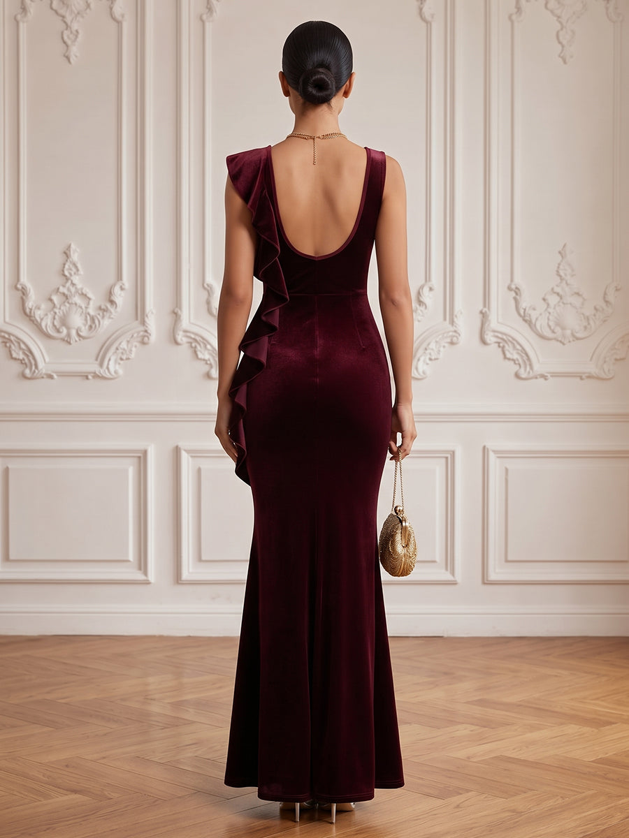 Velvet Mermaid Boat Neck Floor Length Formal Dresses Sleeveless Ruched Evening Dresses