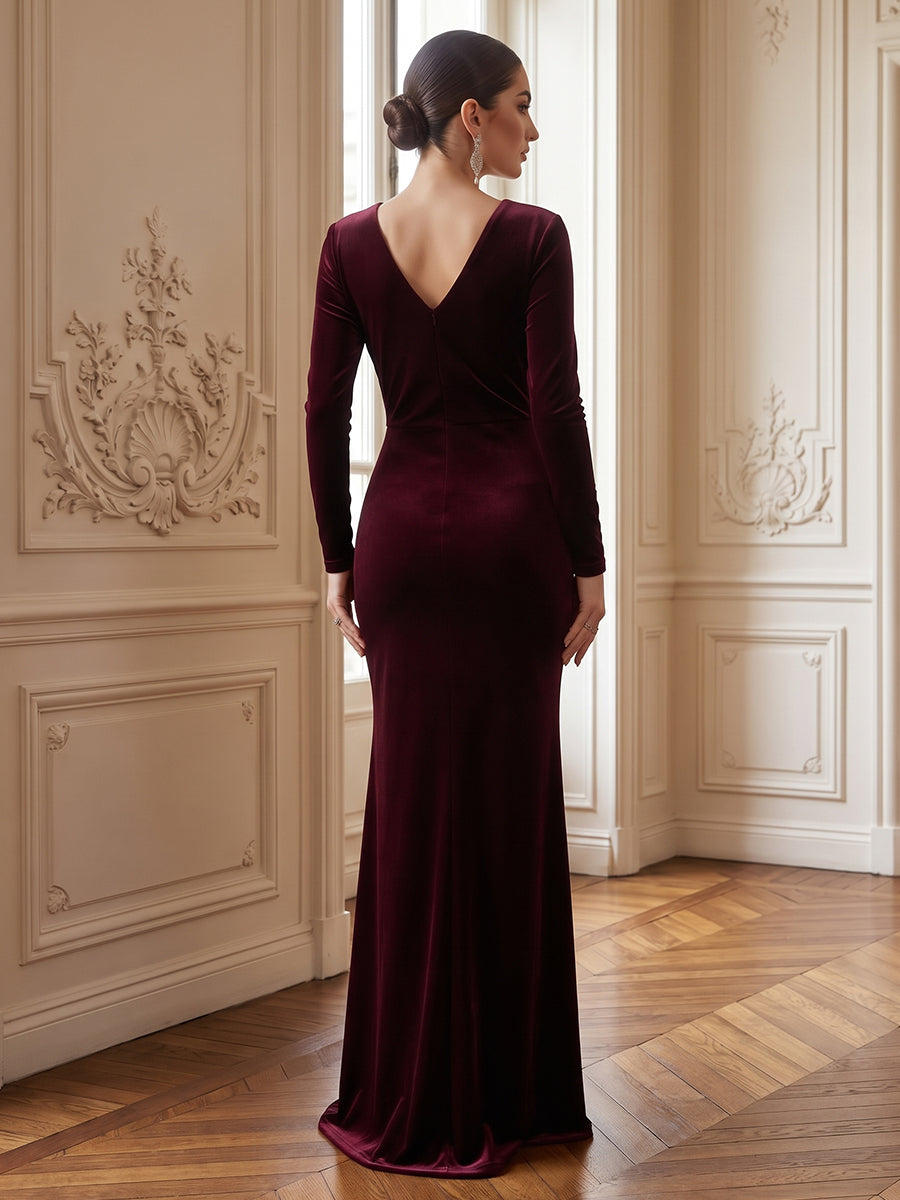 Velvet Mermaid V Neck Floor Length Formal Dresses Long Sleeves Ruched Evening Dresses