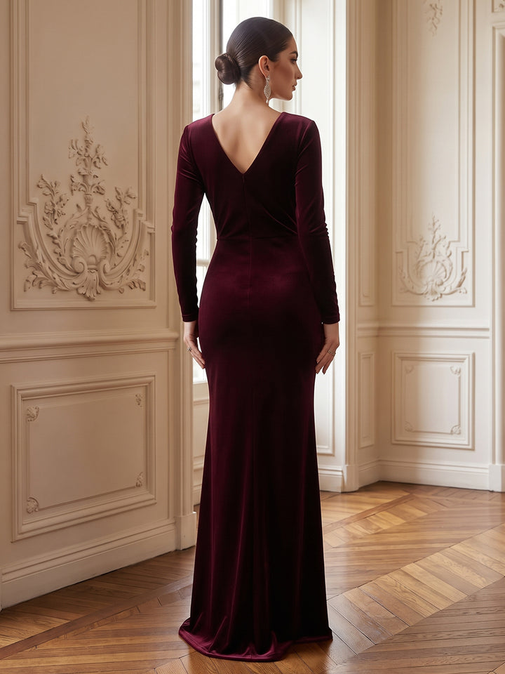 Velvet Mermaid V Neck Floor Length Formal Dresses Long Sleeves Ruched Evening Dresses