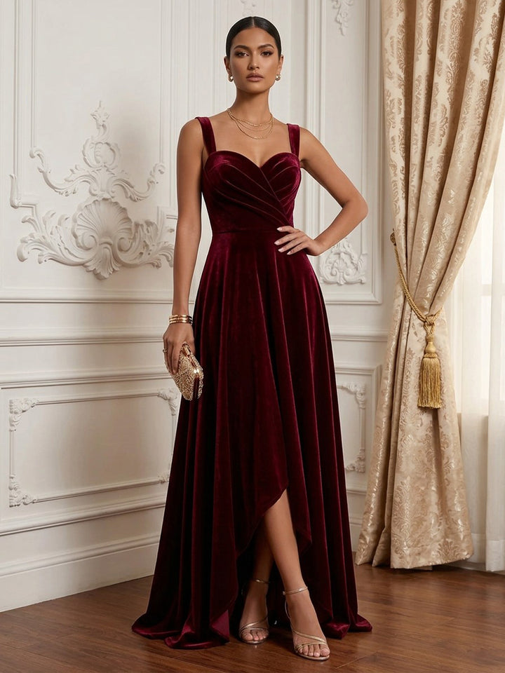 Velvet A Line Spaghetti Straps Floor Length Formal Dresses Sleeveless High Low Evening Dresses