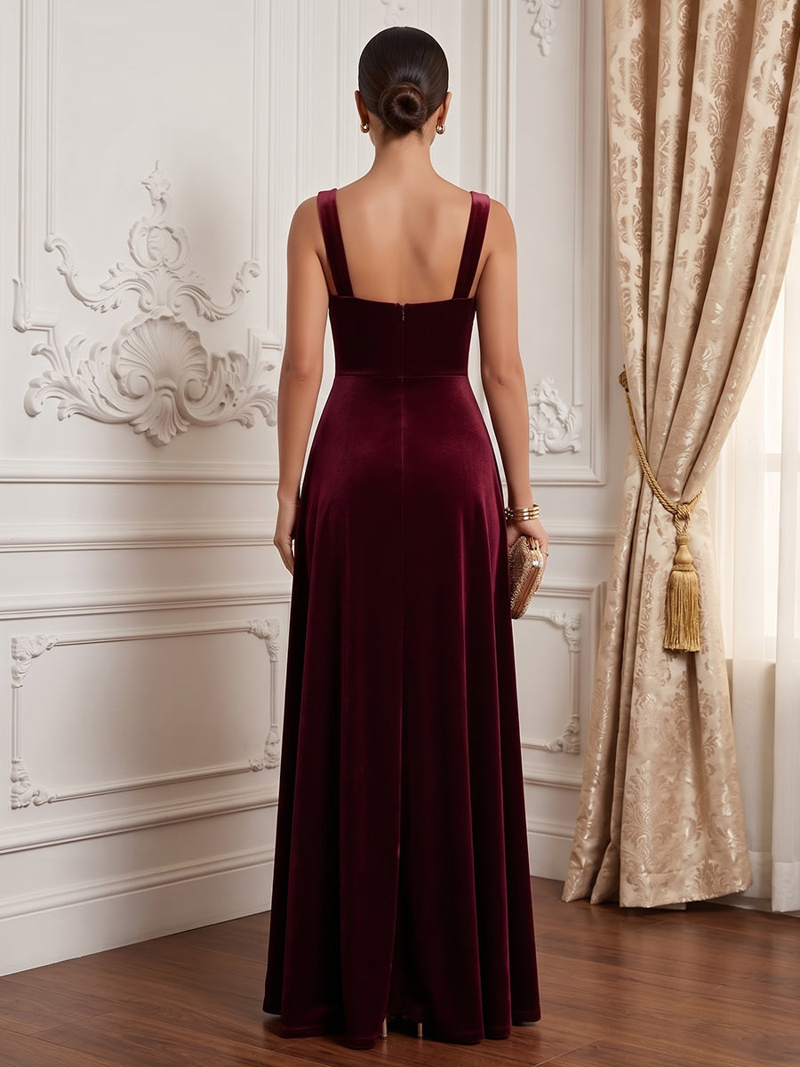 Velvet A Line Spaghetti Straps Floor Length Formal Dresses Sleeveless High Low Evening Dresses