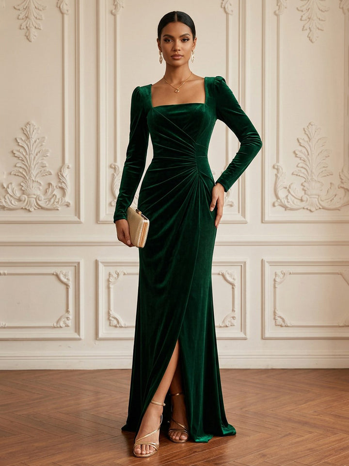 Velvet Sheath Square Neck Floor Length Formal Dresses Long Sleeves Ruched Evening Dresses