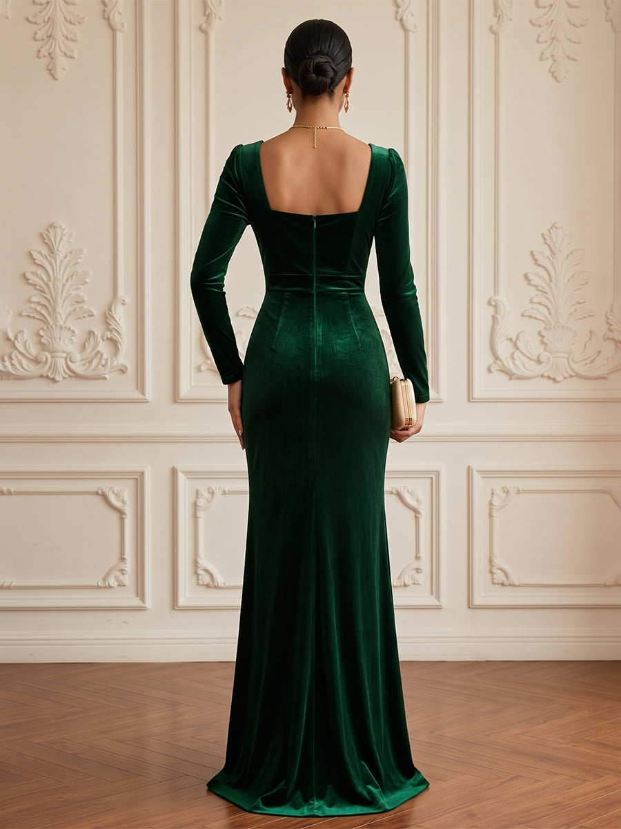 Velvet Sheath Square Neck Floor Length Formal Dresses Long Sleeves Ruched Evening Dresses