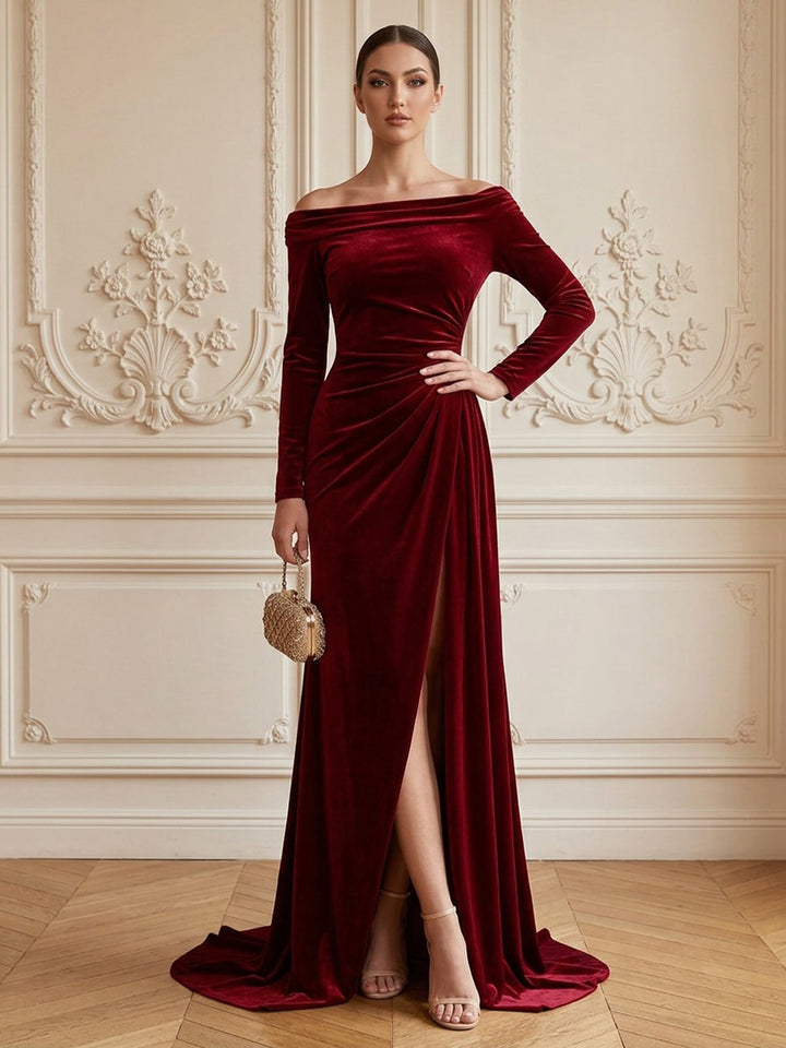 Velvet Sheath Off the Shoulder Floor Length Formal Dresses Long Sleeves Ruched Evening Dresses
