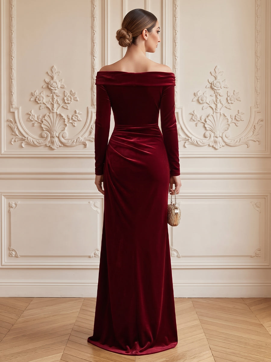 Velvet Sheath Off the Shoulder Floor Length Formal Dresses Long Sleeves Ruched Evening Dresses