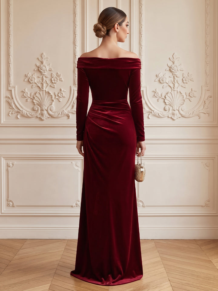 Velvet Sheath Off the Shoulder Floor Length Formal Dresses Long Sleeves Ruched Evening Dresses