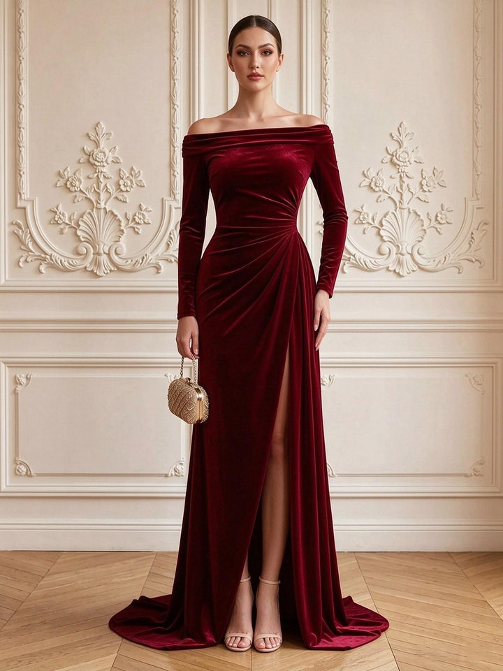 Velvet Sheath Off the Shoulder Floor Length Formal Dresses Long Sleeves Ruched Evening Dresses
