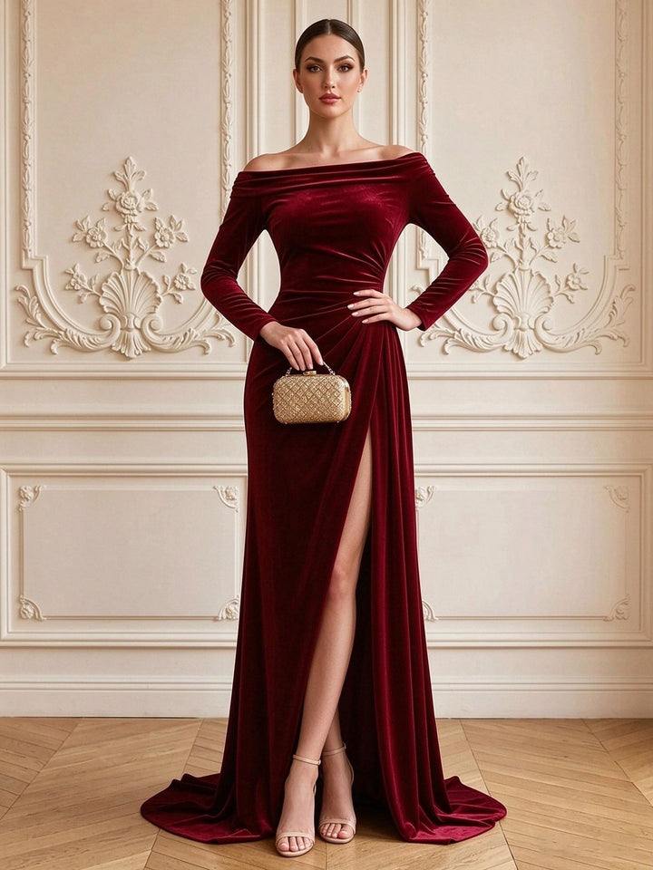 Velvet Sheath Off the Shoulder Floor Length Formal Dresses Long Sleeves Ruched Evening Dresses