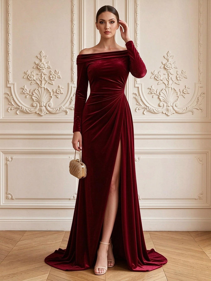 Velvet Sheath Off the Shoulder Floor Length Formal Dresses Long Sleeves Ruched Evening Dresses