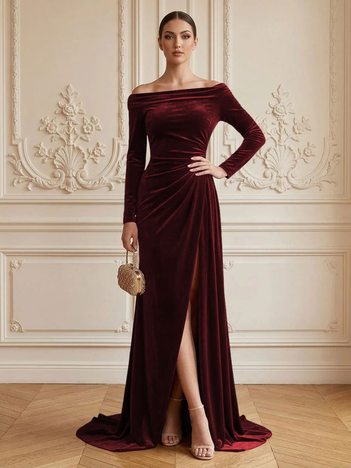 Velvet Sheath Off the Shoulder Floor Length Formal Dresses Long Sleeves Ruched Evening Dresses