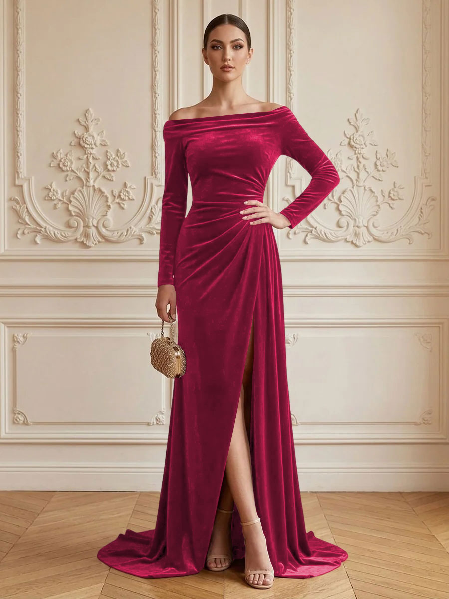 Velvet Sheath Off the Shoulder Floor Length Formal Dresses Long Sleeves Ruched Evening Dresses