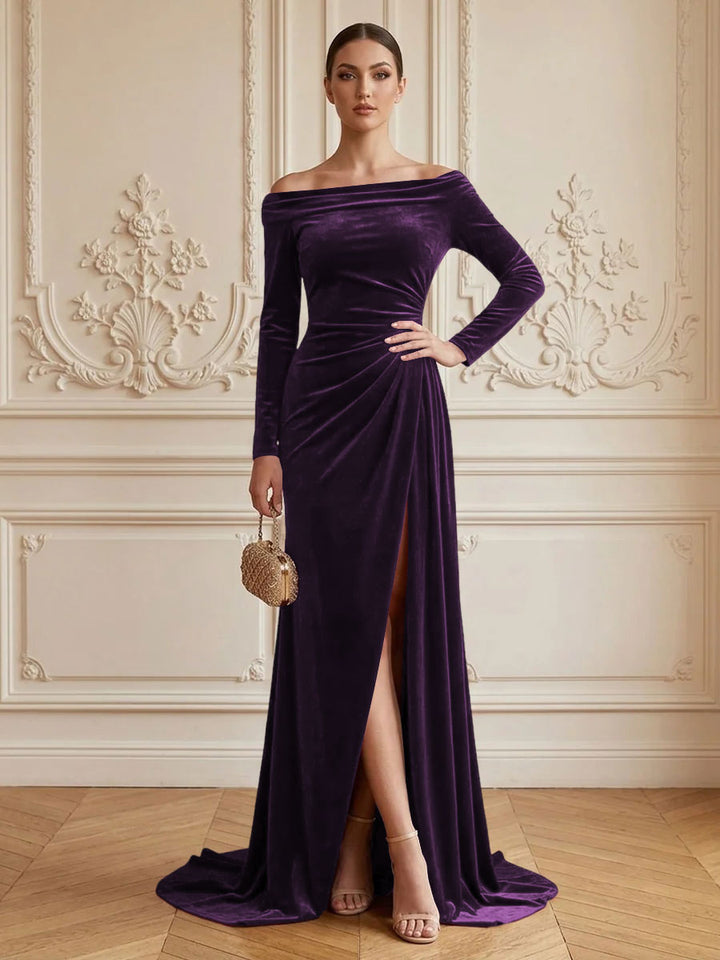 Velvet Sheath Off the Shoulder Floor Length Formal Dresses Long Sleeves Ruched Evening Dresses