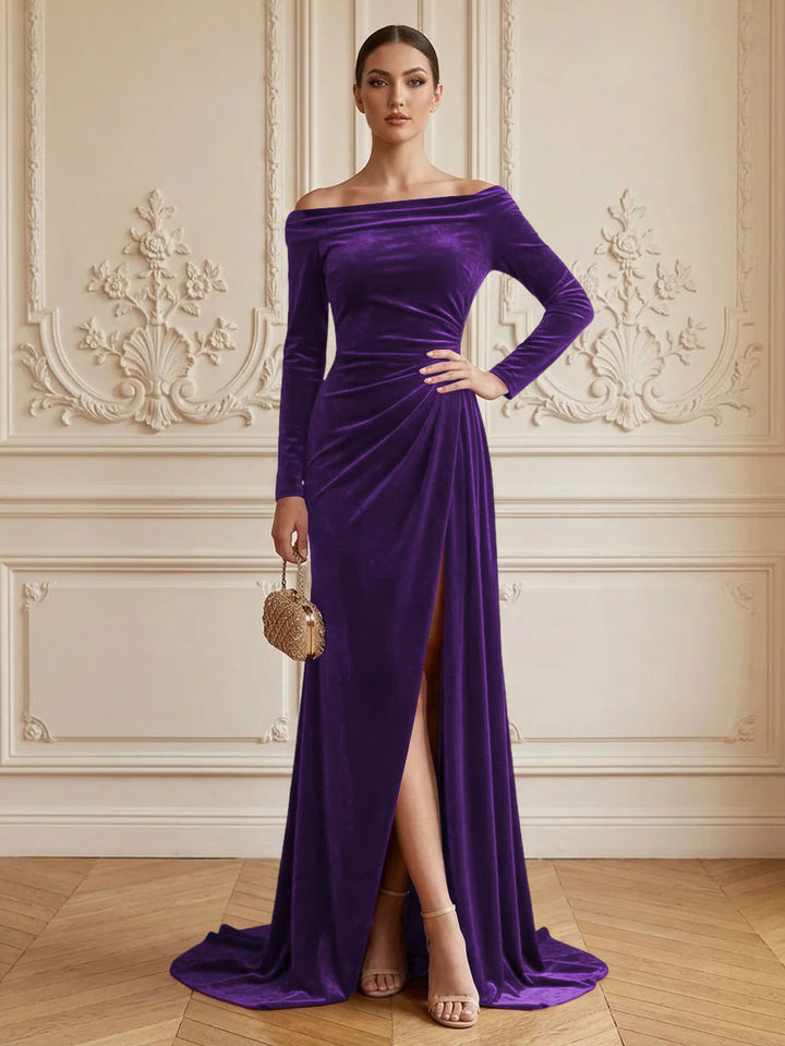 Velvet Sheath Off the Shoulder Floor Length Formal Dresses Long Sleeves Ruched Evening Dresses