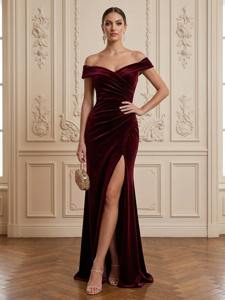 Velvet Sheath Off the Shoulder Floor Length Formal Dresses Sleeveless Wrap Bodice Ruched Evening Dresses