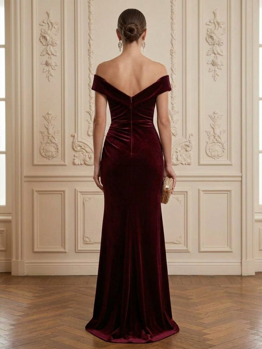 Velvet Sheath Off the Shoulder Floor Length Formal Dresses Sleeveless Wrap Bodice Ruched Evening Dresses