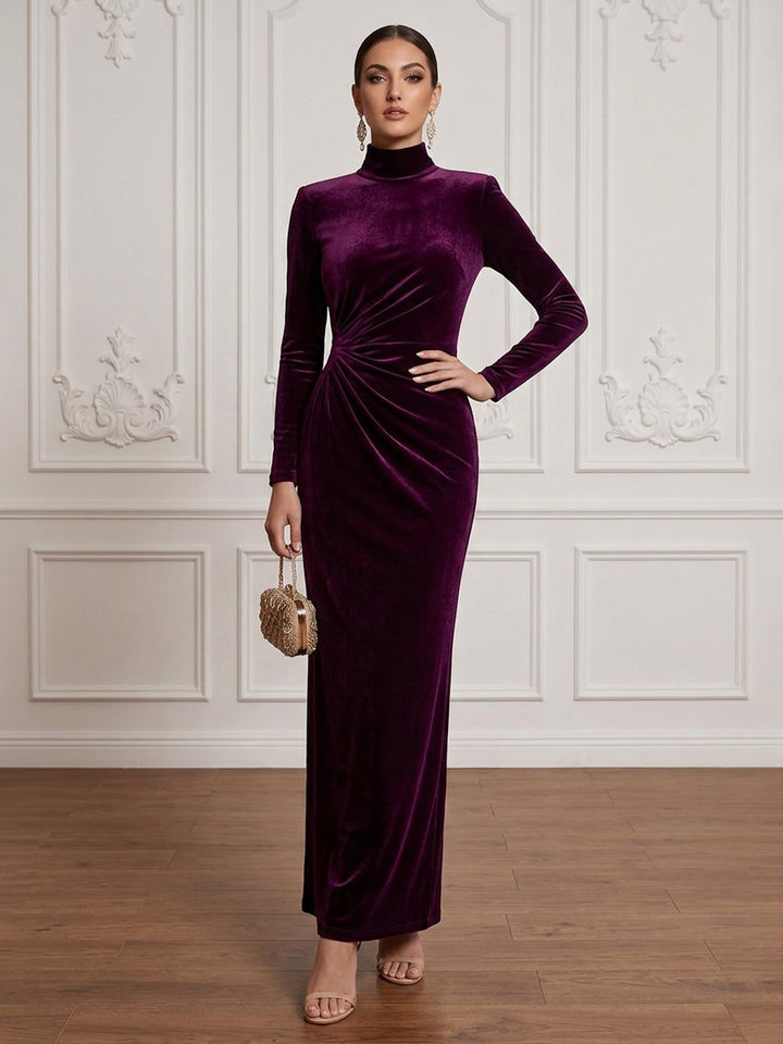 Velvet Sheath High Neck Floor Length Formal Dresses Long Sleeves Ruched Evening Dresses