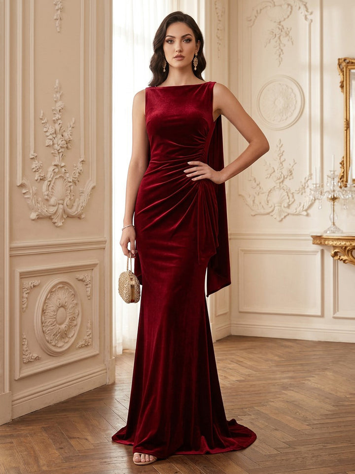 Velvet Mermaid Jewel Neck Floor Length Formal Dresses Sleeveless Ruched Sash Evening Dresses