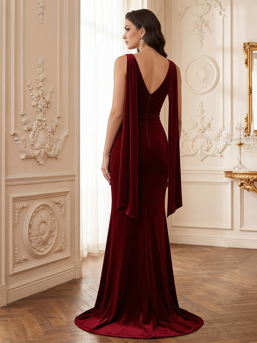 Velvet Mermaid Jewel Neck Floor Length Formal Dresses Sleeveless Ruched Sash Evening Dresses