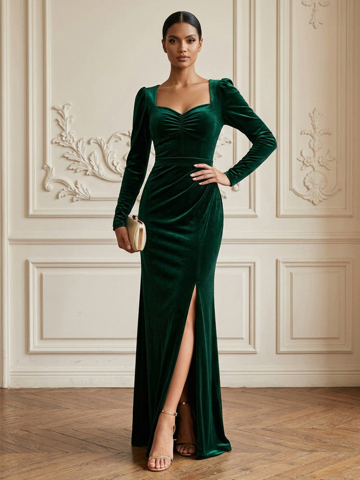 Velvet Sheath Sweetheart Floor Length Formal Dresses Long Sleeves Ruched Evening Dresses with Sweep Train