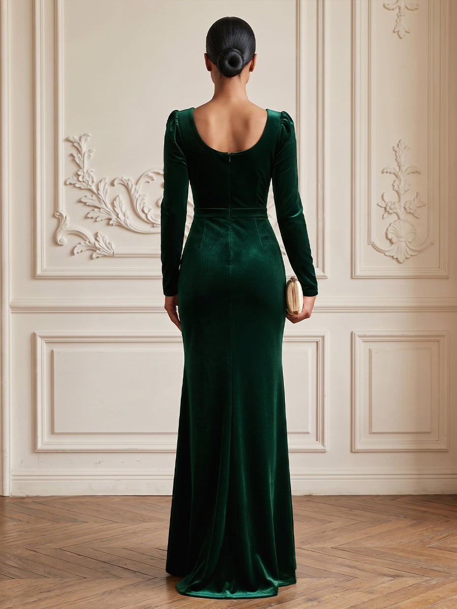 Velvet Sheath Sweetheart Floor Length Formal Dresses Long Sleeves Ruched Evening Dresses with Sweep Train