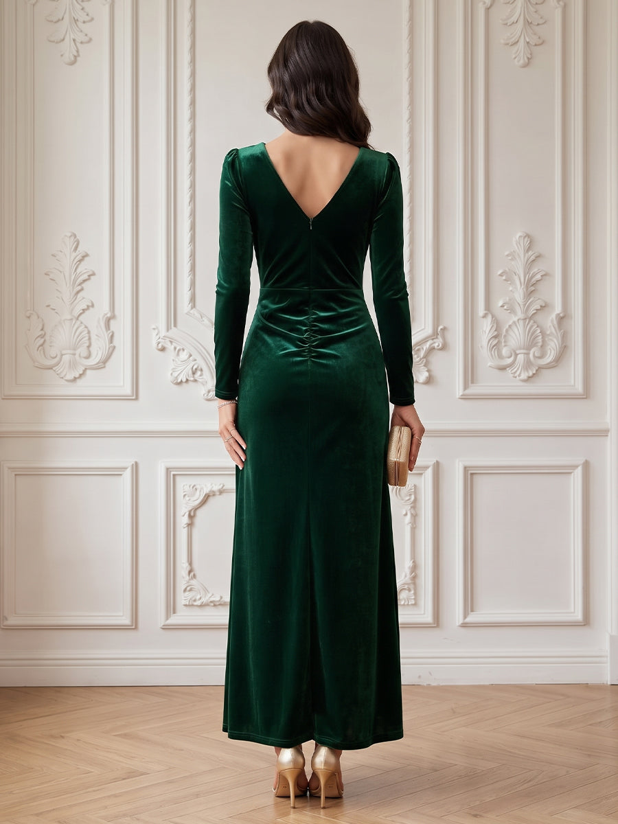 Velvet A Line V Neck Floor Length Formal Dresses Long Sleeves Wrap Bodice Evening Dresses
