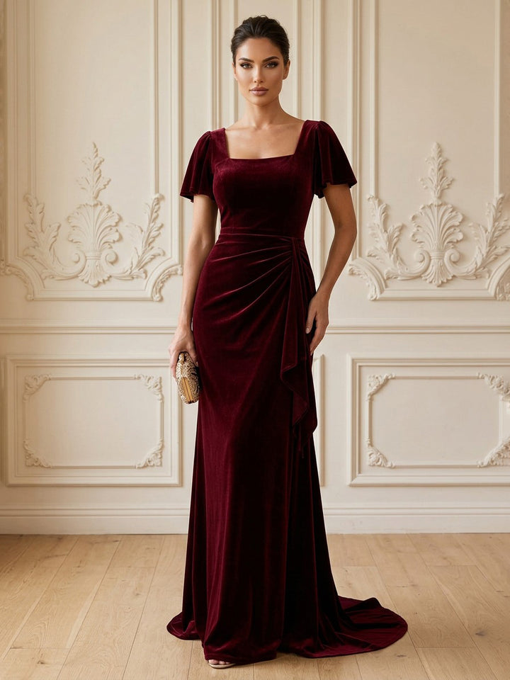 Velvet A Line Square Neck Floor Length Formal Dresses Short Sleeves Ruched Sash Evening Dresses