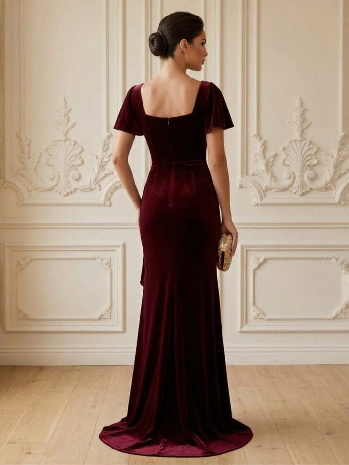 Velvet A Line Square Neck Floor Length Formal Dresses Short Sleeves Ruched Sash Evening Dresses