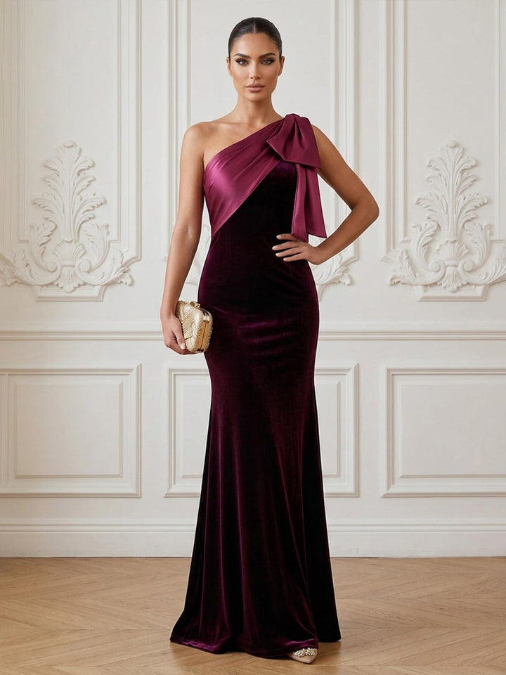 Velvet Mermaid One Shoulder Floor Length Formal Dresses Sleeveless Bow Sash Evening Dresses