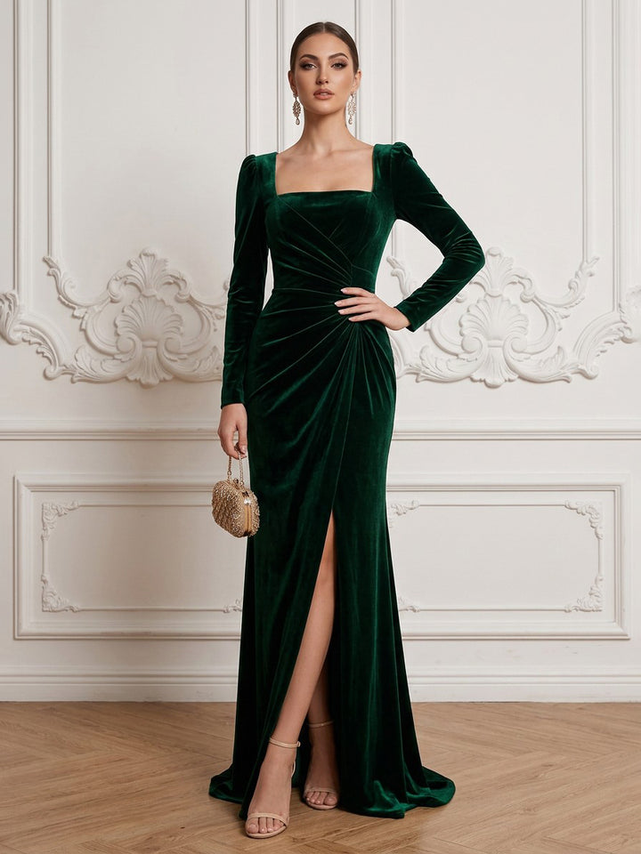 Velvet Sheath Square Neck Floor Length Formal Dresses Long Sleeves Ruched Evening Dresses