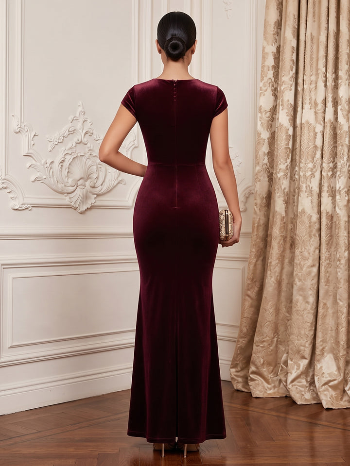 Velvet Mermaid Round Neck Floor Length Formal Dresses Cap Sleeves Fitted Bodycon Evening Dresses