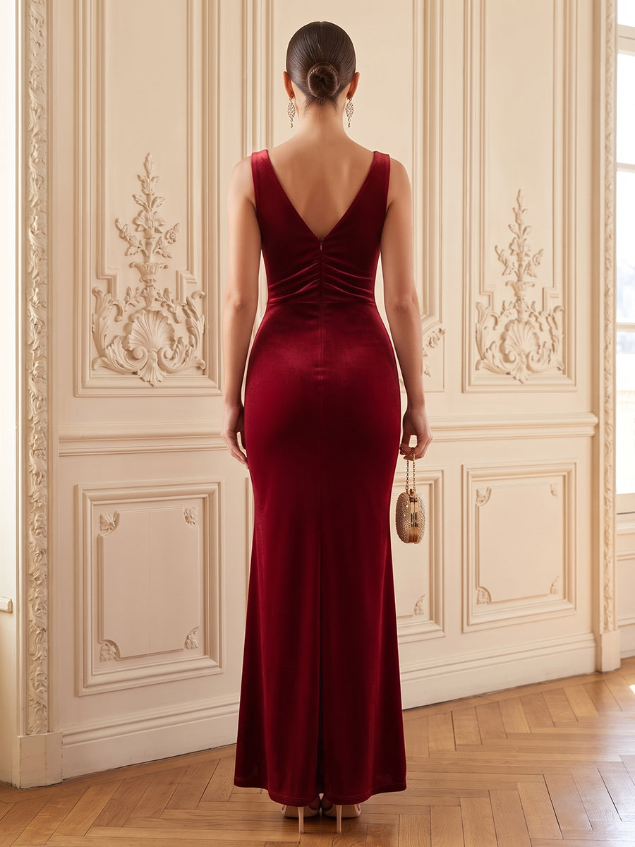 Velvet Mermaid V Neck Floor Length Formal Dresses Sleeveless Twist Knot Evening Dresses