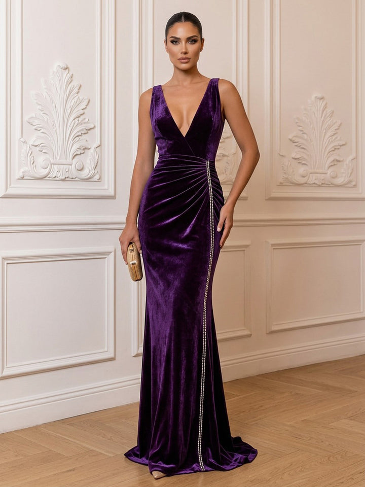 Velvet Mermaid V Neck Floor Length Formal Dresses Sleeveless Ruched Evening Dresses