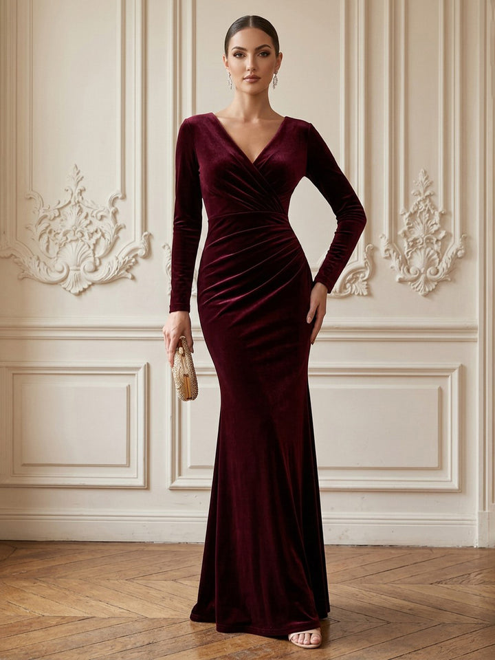 Velvet Mermaid V Neck Floor Length Formal Dresses Long Sleeves Wrap Bodice Evening Dresses