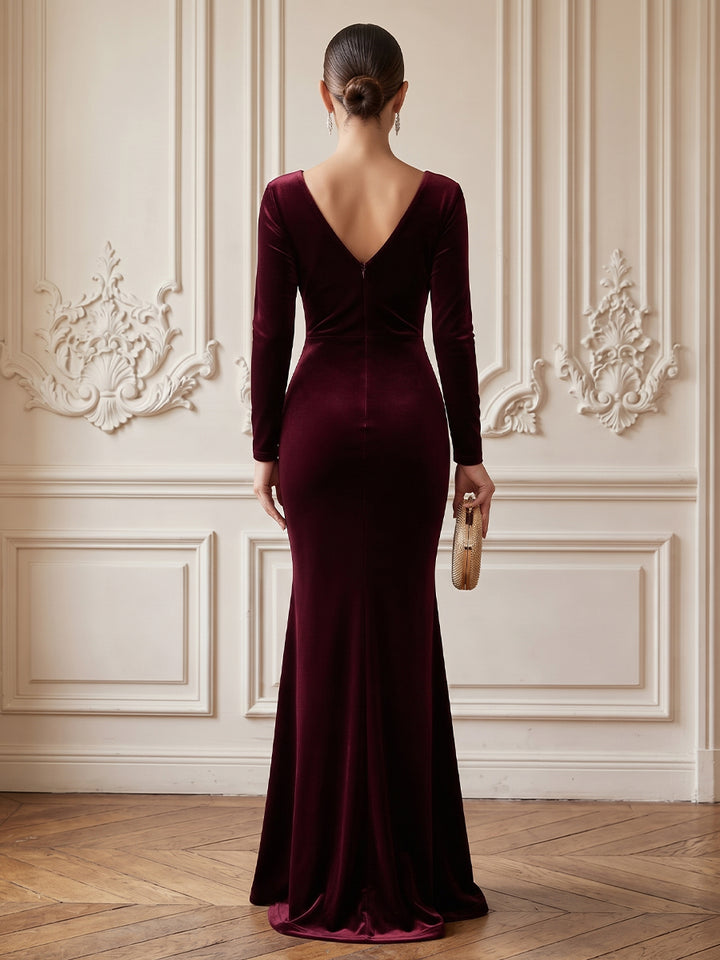 Velvet Mermaid V Neck Floor Length Formal Dresses Long Sleeves Wrap Bodice Evening Dresses