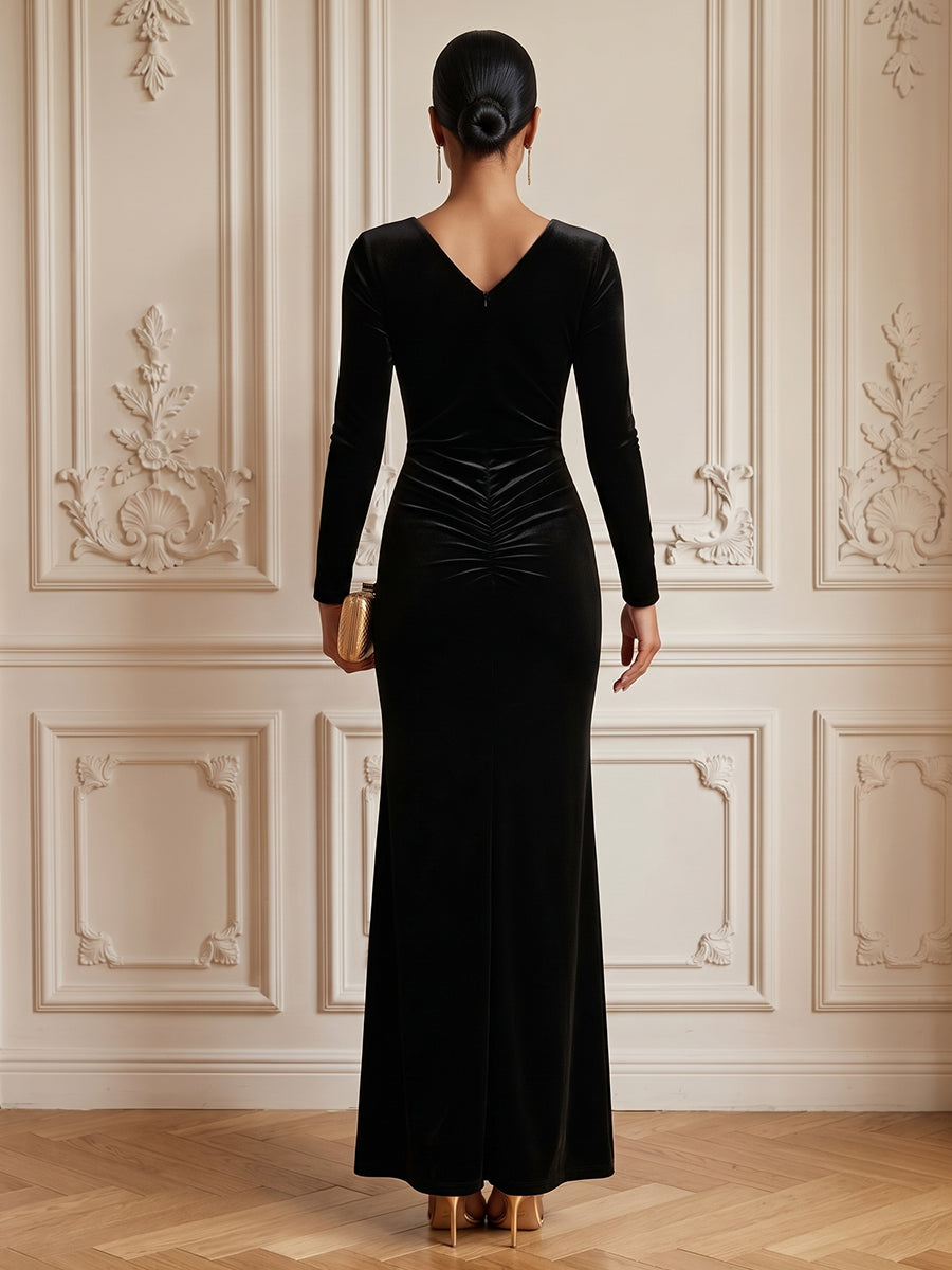 Velvet Sheath V Neck Floor Length Formal Dresses Long Sleeves Ruched Evening Dresses