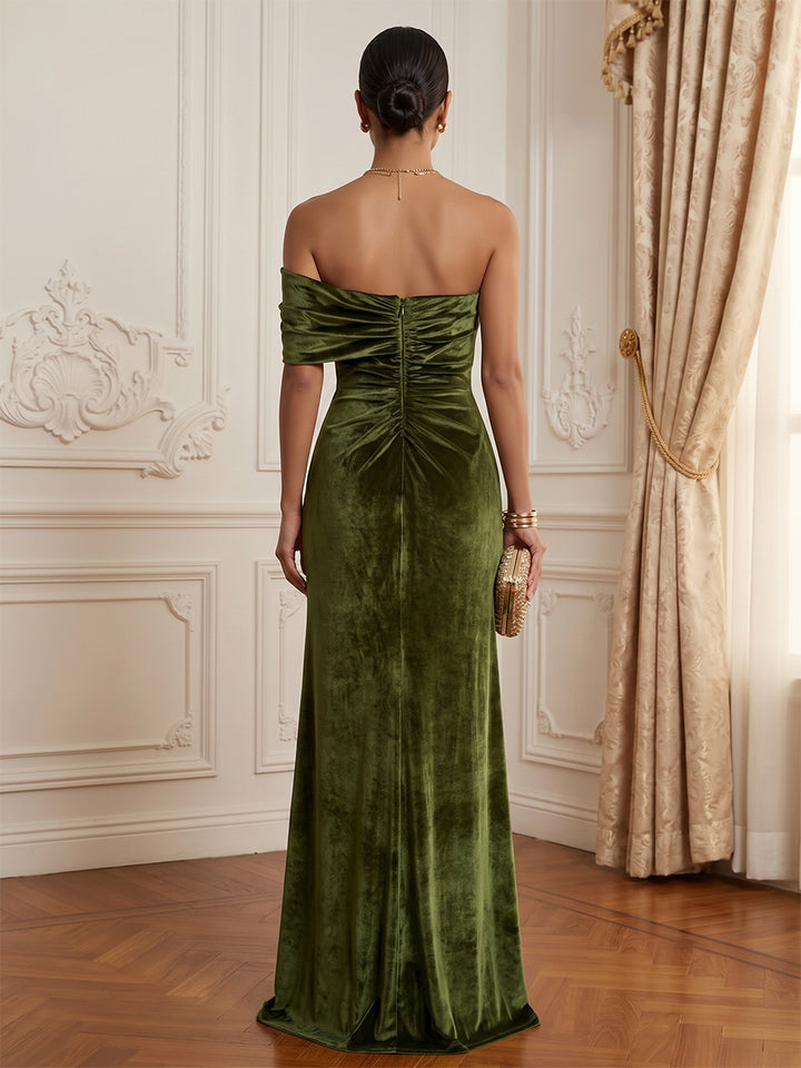 Velvet A Line Off the Shoulder Floor Length Formal Dresses Sleeveless Ruched Evening Dresses with Slit