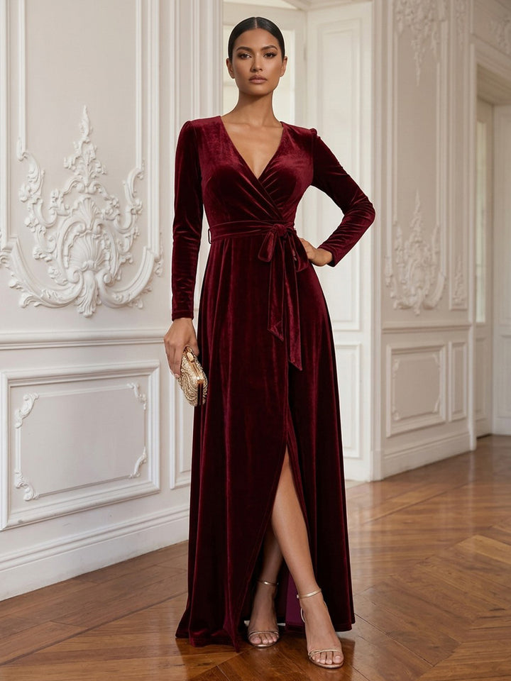 Velvet A Line V Neck Floor Length Formal Dresses Long Sleeves Wrap Bodice High Slit Evening Dresses