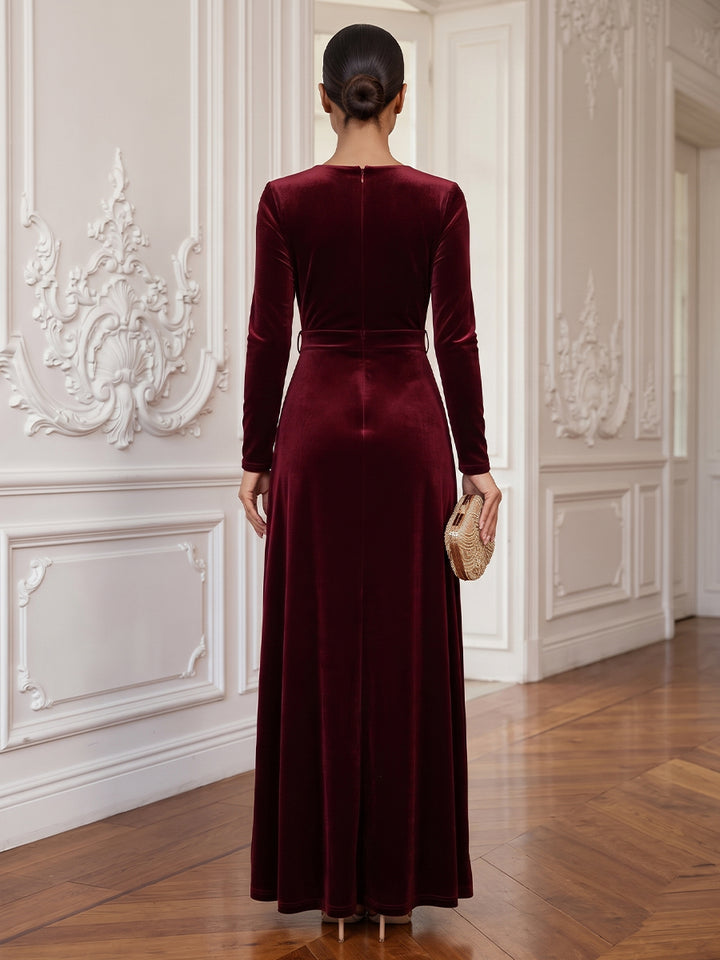 Velvet A Line V Neck Floor Length Formal Dresses Long Sleeves Wrap Bodice High Slit Evening Dresses