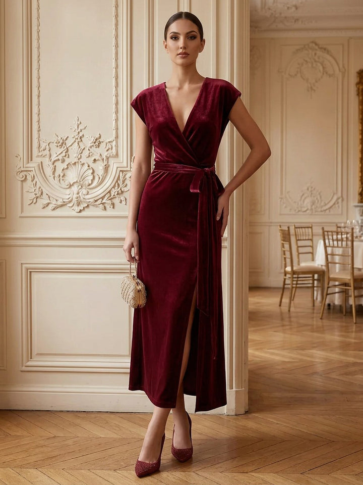 Velvet Sheath V Neck Ankle Length Formal Dresses Cap Sleeves High Slit Evening Dresses