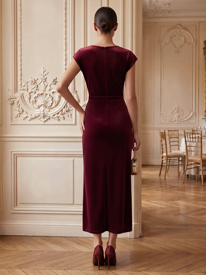 Velvet Sheath V Neck Ankle Length Formal Dresses Cap Sleeves High Slit Evening Dresses