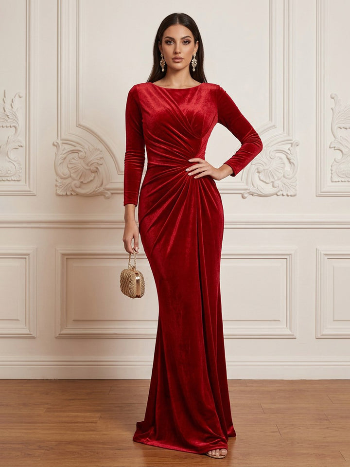Velvet Sheath Scoop Neck Floor Length Formal Dresses Long Sleeves Ruched Evening Dresses
