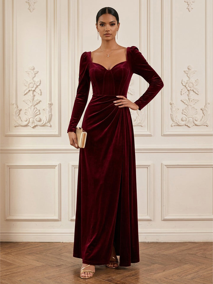 Velvet A Line Sweetheart Floor Length Formal Dresses Long Sleeves Corset Evening Dresses