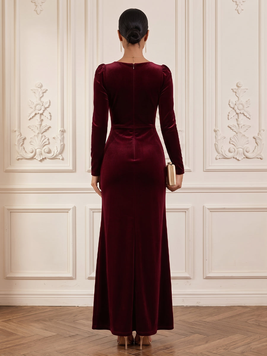 Velvet A Line Sweetheart Floor Length Formal Dresses Long Sleeves Corset Evening Dresses