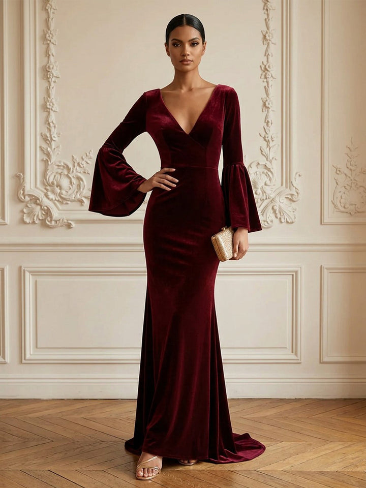 Velvet Mermaid V Neck Floor Length Formal Dresses Long Sleeves Bell Sleeve Evening Dresses
