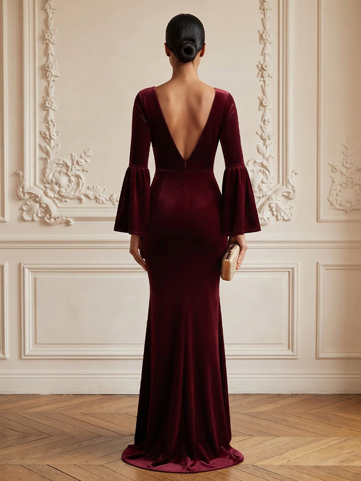 Velvet Mermaid V Neck Floor Length Formal Dresses Long Sleeves Bell Sleeve Evening Dresses