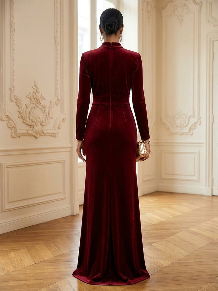 Velvet A Line High Neck Floor Length Formal Dresses Long Sleeves Cut Out Evening Dresses