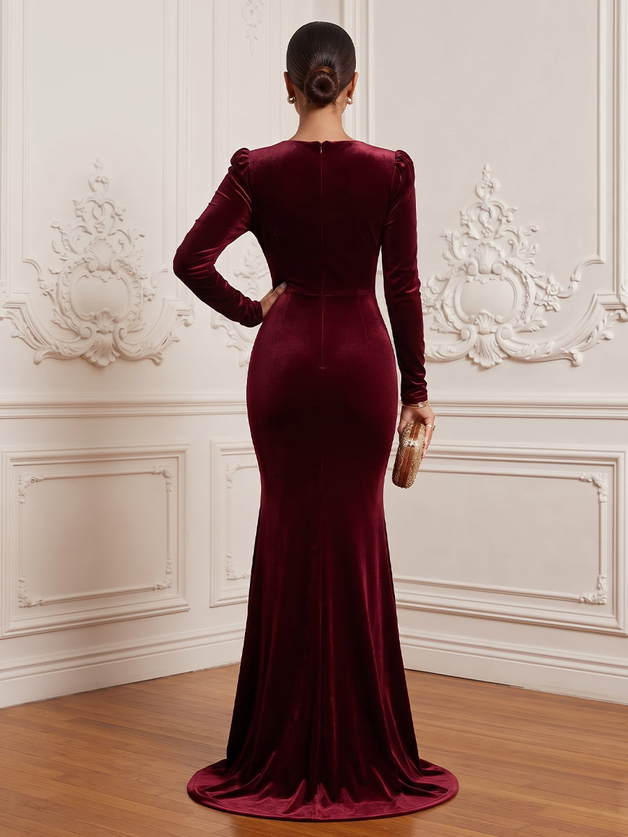Velvet Mermaid V Neck Floor Length Formal Dresses Long Sleeves Fitted Bodycon Evening Dresses