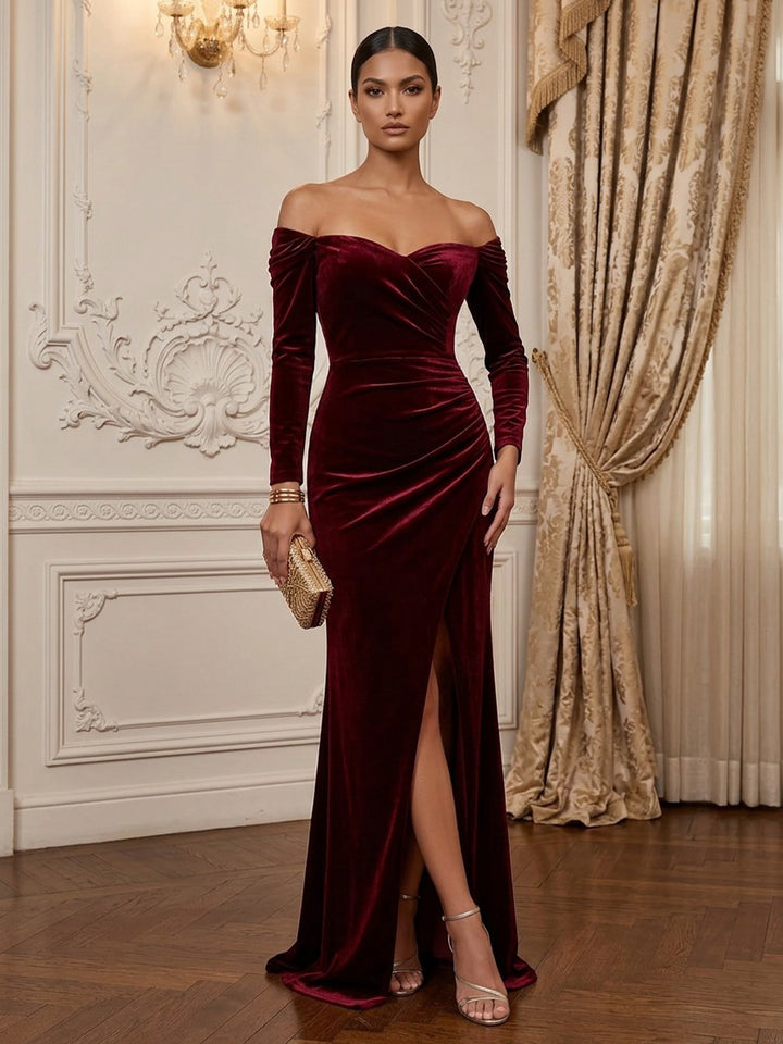 Velvet Sheath Off the Shoulder Floor Length Formal Dresses Long Sleeves Ruched Evening Dresses